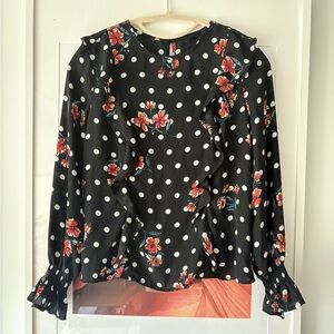Aqua Black Floral Polka Dot Ruffle Blouse